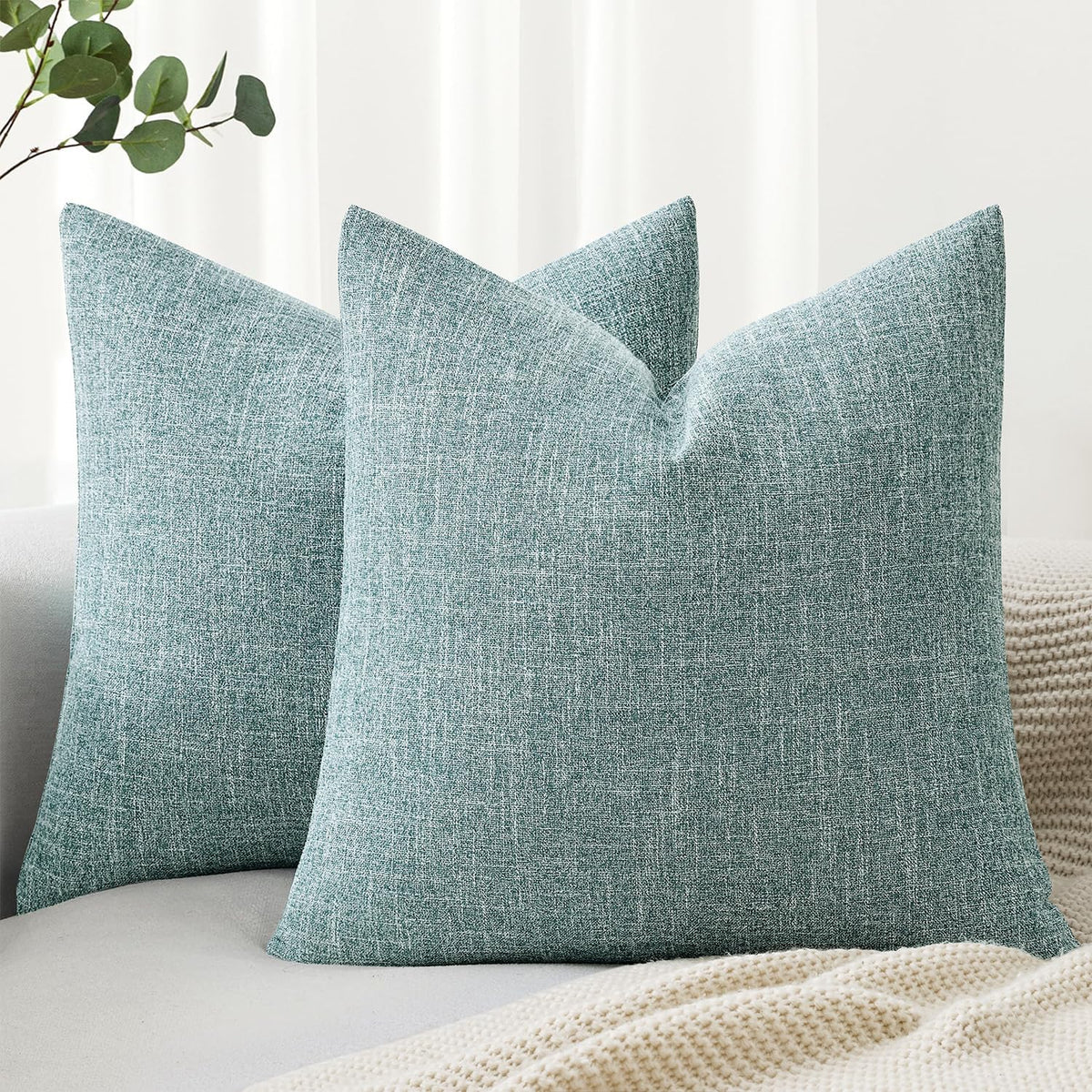 MIULEE Pack of 2 Linen Textured Pillow Covers, 18x18 Inch Light Blue