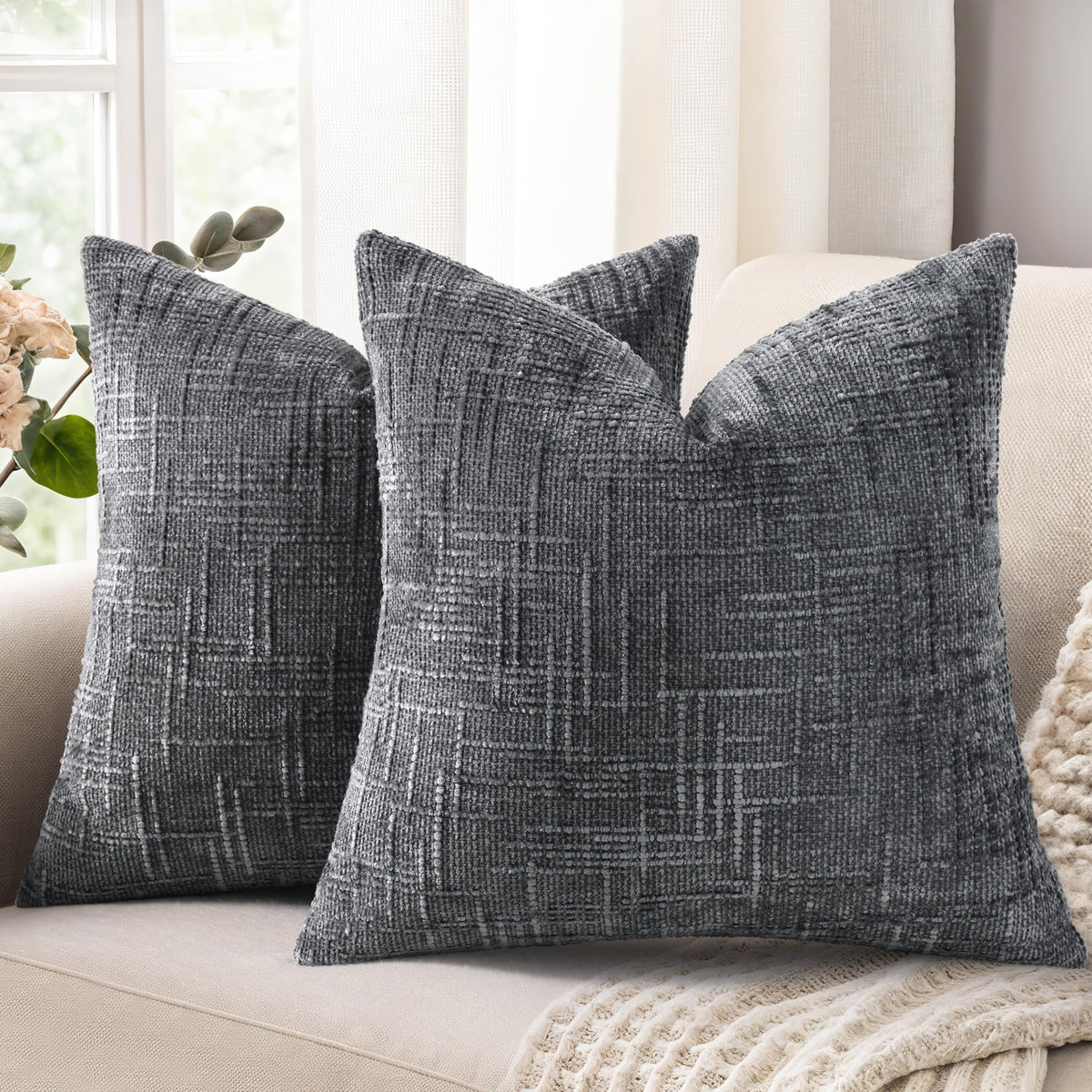 decorUhome Textured Chenille Throw Pillow Covers 18x18 Set of 2 Cream White