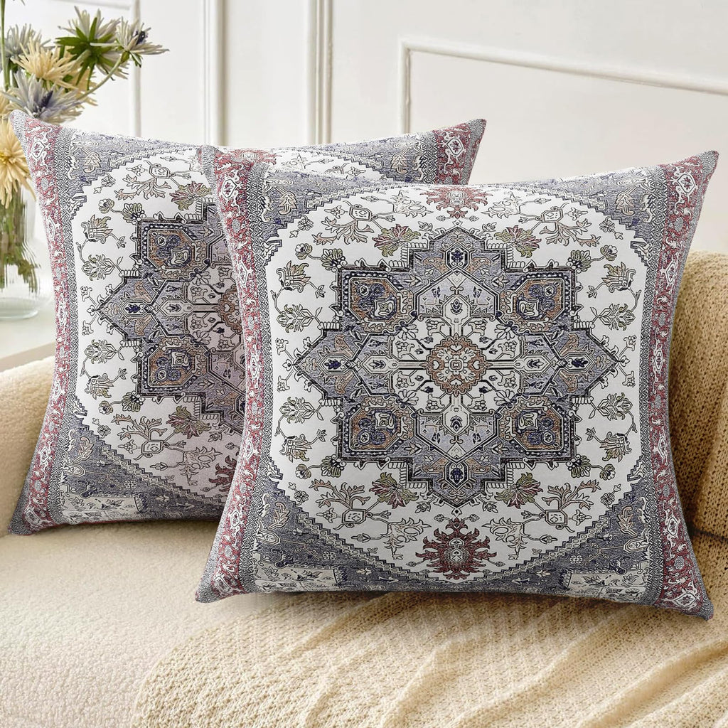 Boho Throw Pillow Covers 18x18 inch Set of 2,Soft Pillowcases Bohemia Carpet Printing Pattern Decorative Sofa Living Room Bed Square Pillow Case Cushion Cover-Cream Color