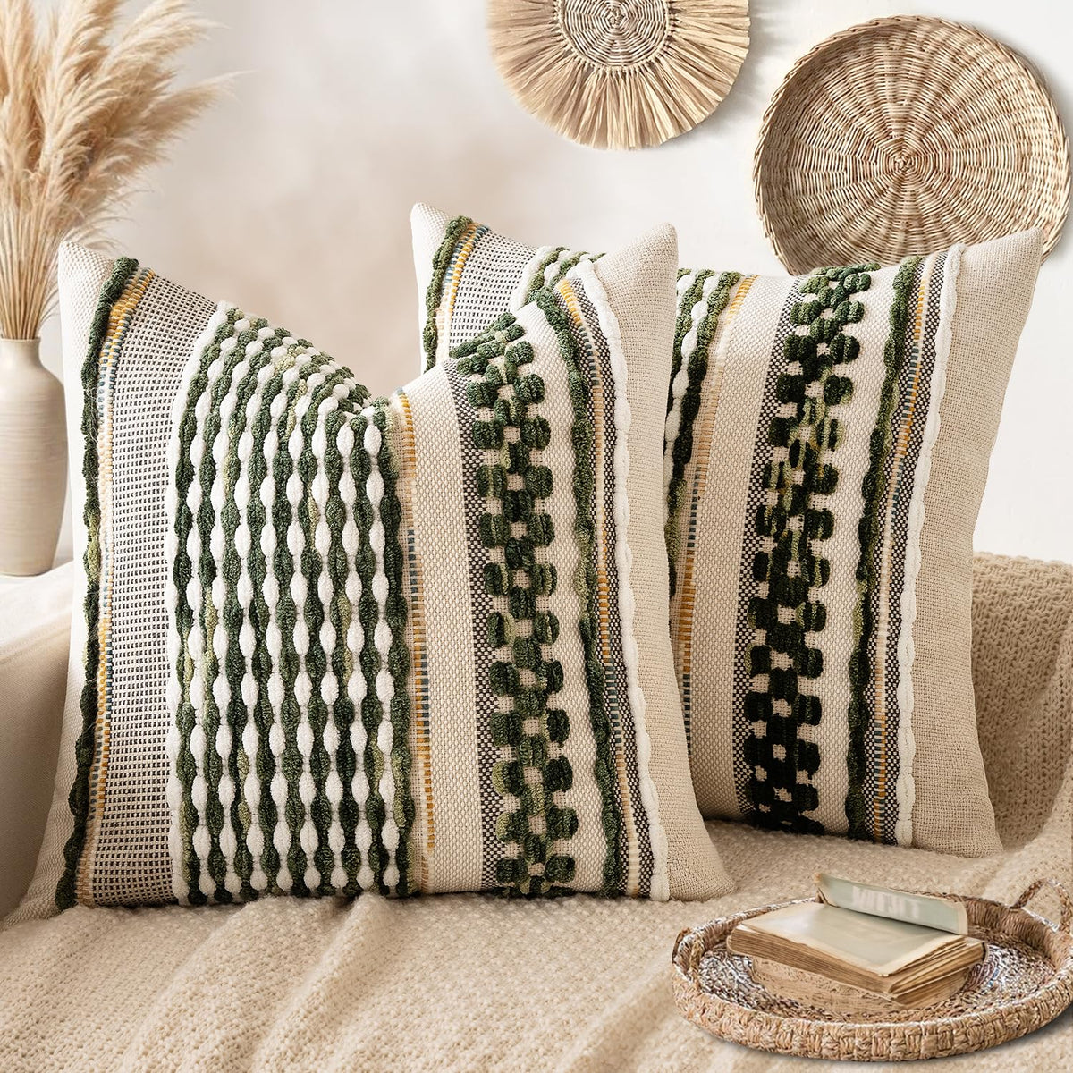 ANRODUO Boho Decorative Pillow Covers Olive Green Stripe 18x18 Pack of 2