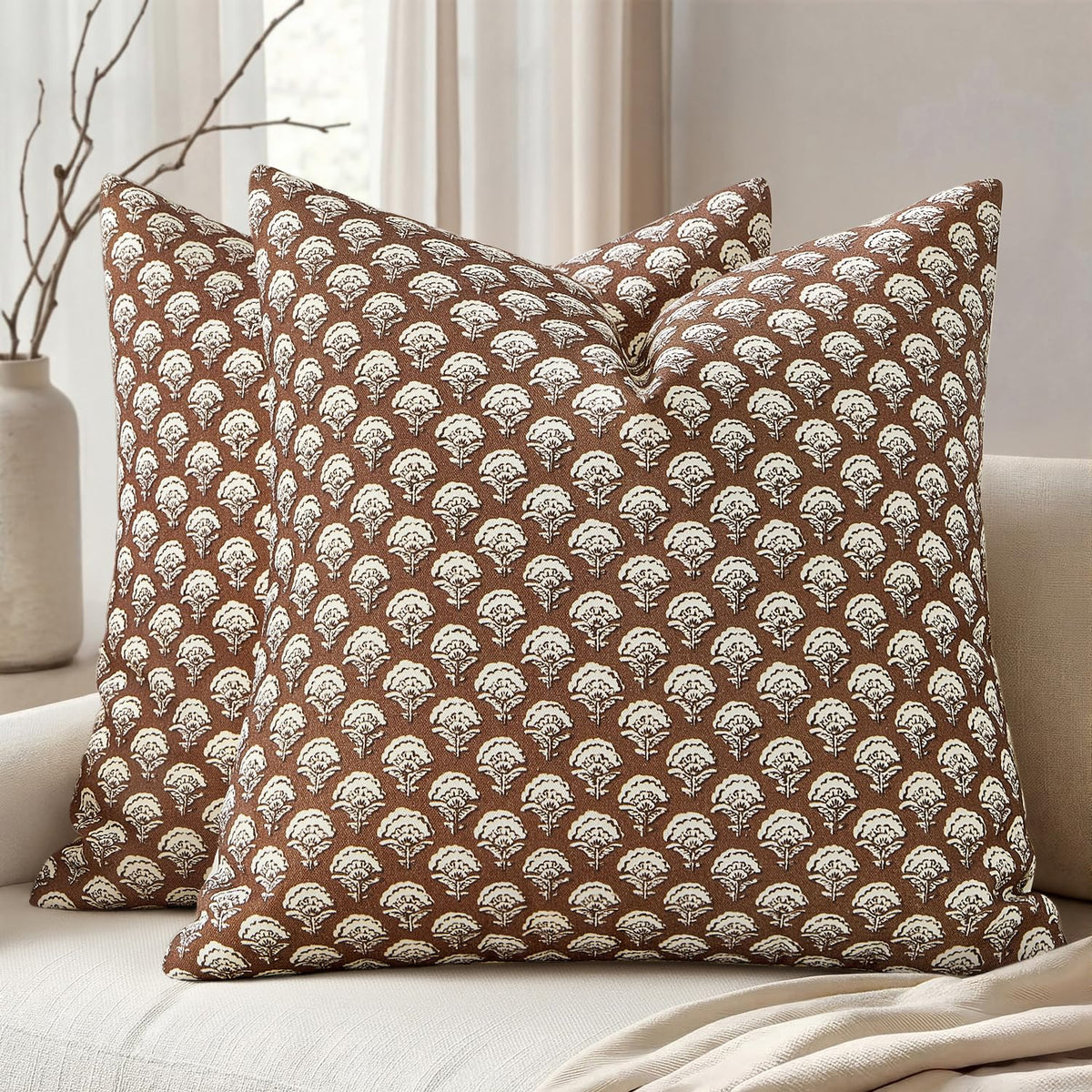 MIULEE Floral Print Decorative Pillow Covers 18x18, Light Taupe
