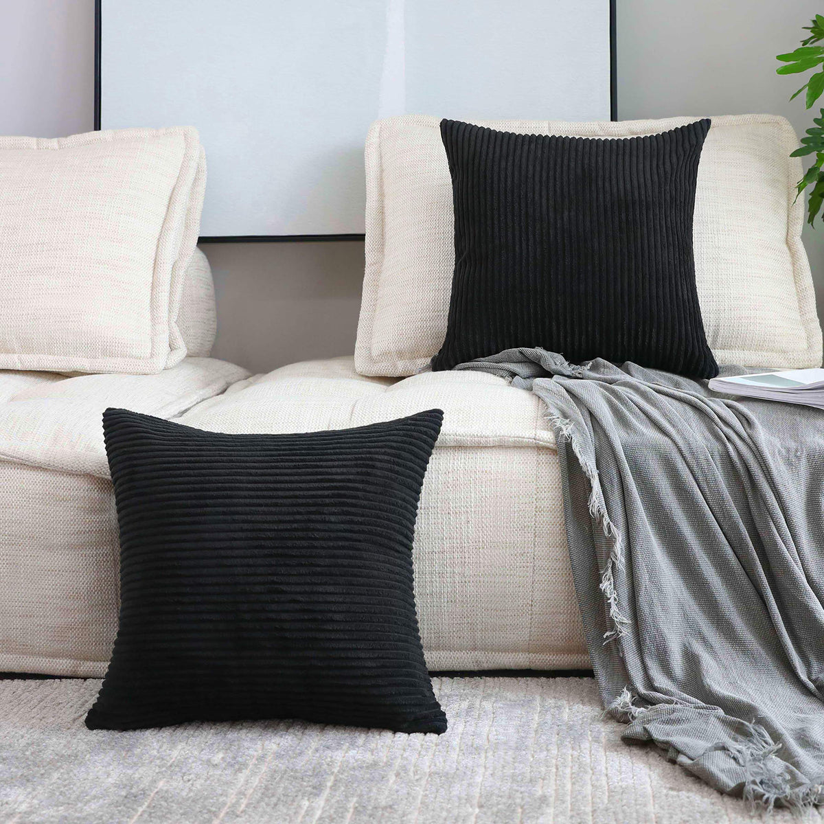 Home Brilliant Yellow Pillow Covers Summer Decorative Set of 2 Striped Corduroy Plush Velvet Throw Pillow Covers for Couch Decor, 18x18 inch, Light Yellow