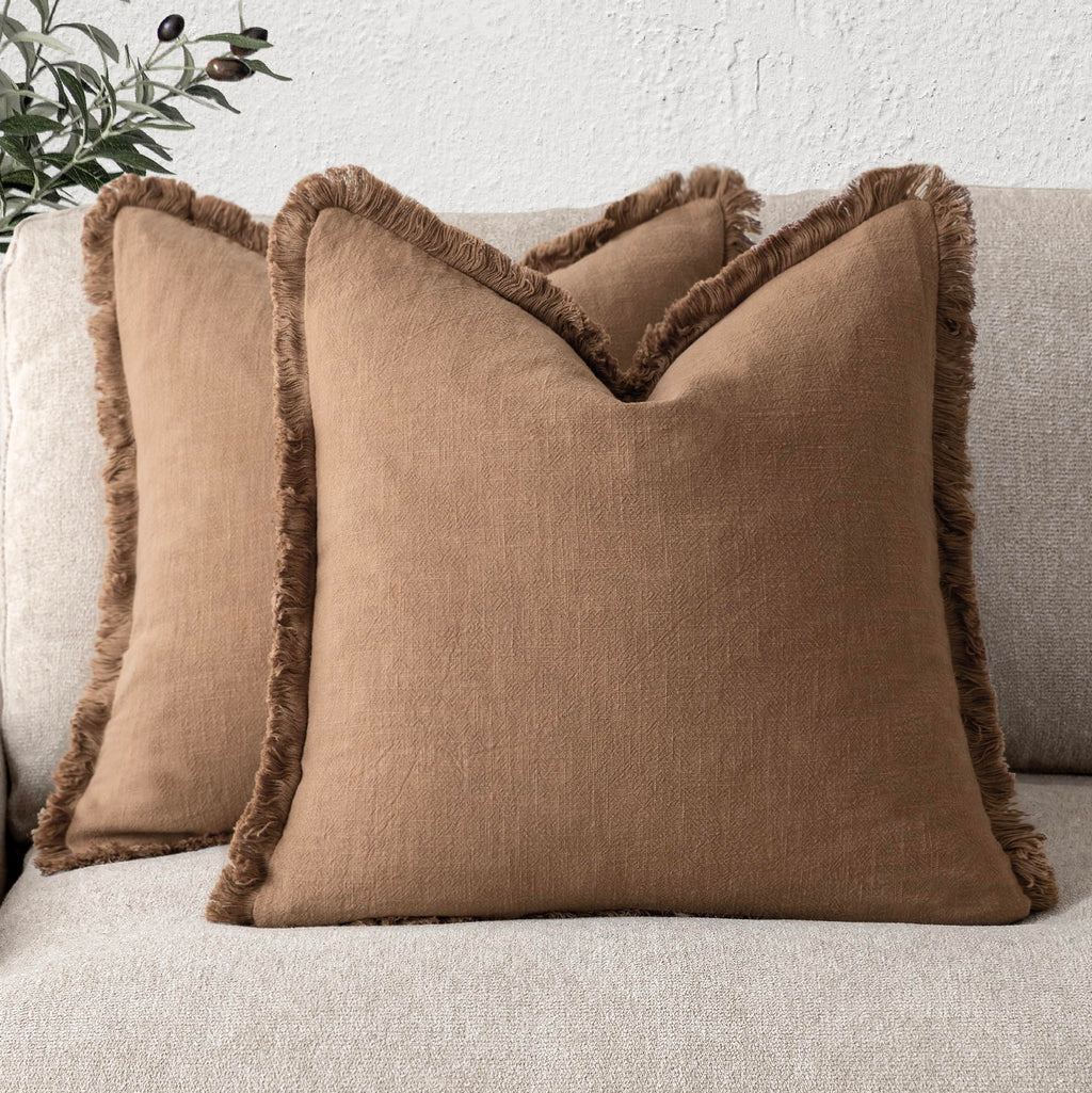 Foindtower Decorative Linen Fringe Throw Pillow Covers 20×20 Inch,Beige