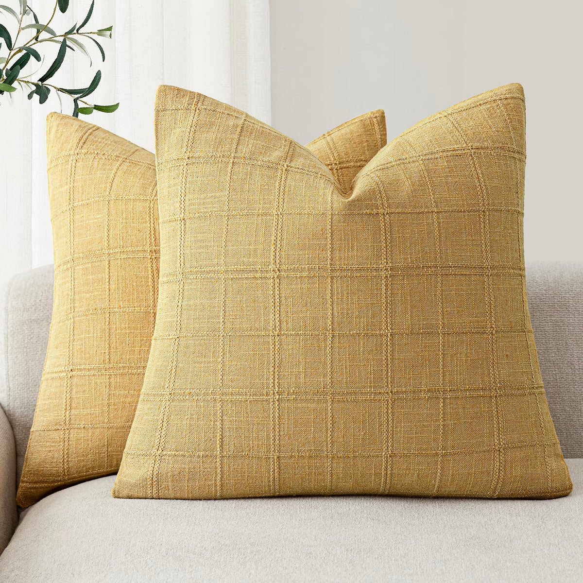 Foindtower Boho Linen Check Decorative Throw Pillow Cover 20×20 Olive Green