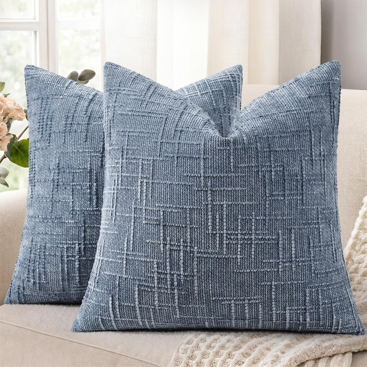 decorUhome Textured Chenille Throw Pillow Covers 18x18 Set of 2 Cream White