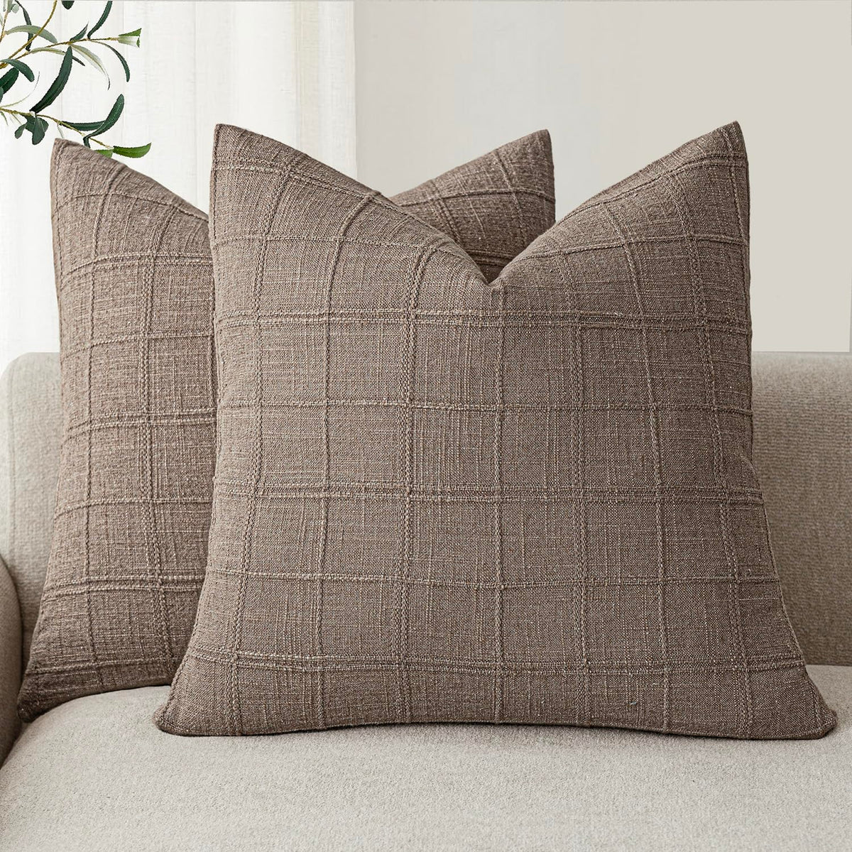 Foindtower Boho Linen Check Decorative Throw Pillow Cover 20×20 Olive Green