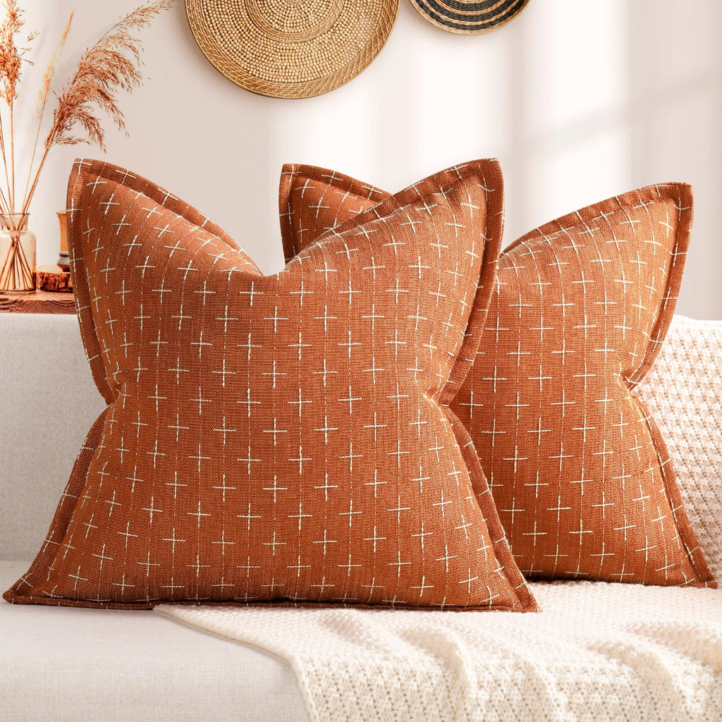 ZWJD Fall Pillow Covers 20x20 Set of 2 Soft Polyester Textured Rust Pillow Covers with Stylish Flange Edge Cozy Farmhouse Throw Pillows for Couch Bed Sofa Living Room Fall Decor