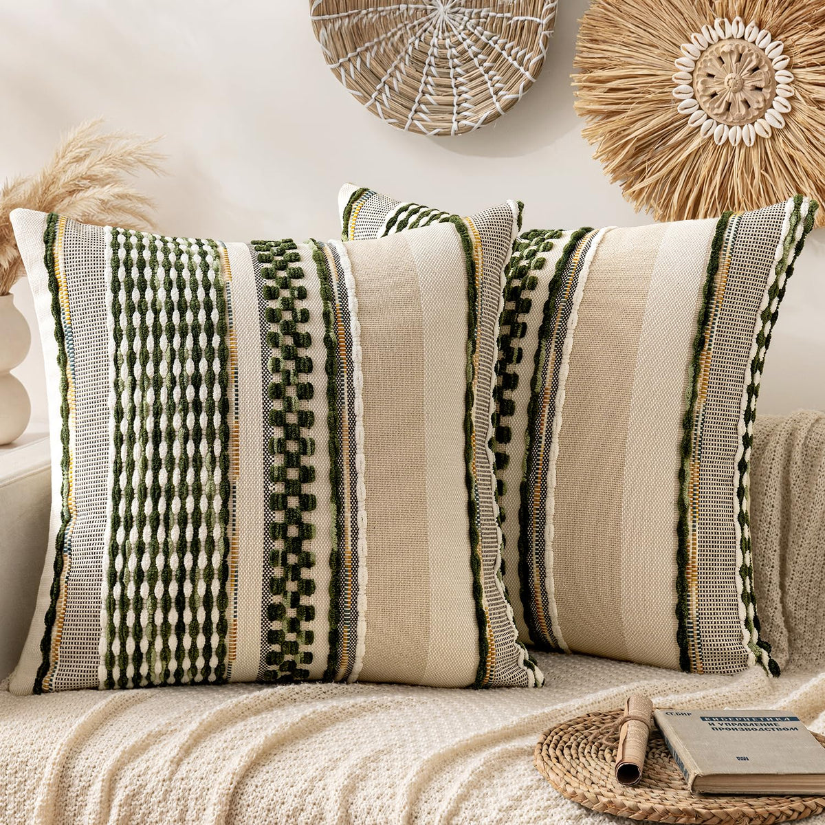 ANRODUO Boho Decorative Pillow Covers Olive Green Stripe 18x18 Pack of 2