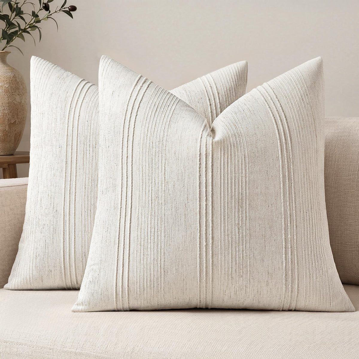 MIULEE Decorative Striped Throw Pillow Covers 20x20 Inch Olive Green 2 Pack
