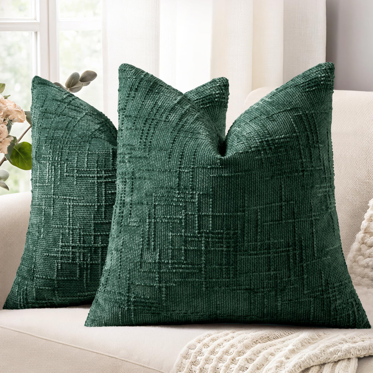 decorUhome Textured Chenille Throw Pillow Covers 18x18 Set of 2 Cream White