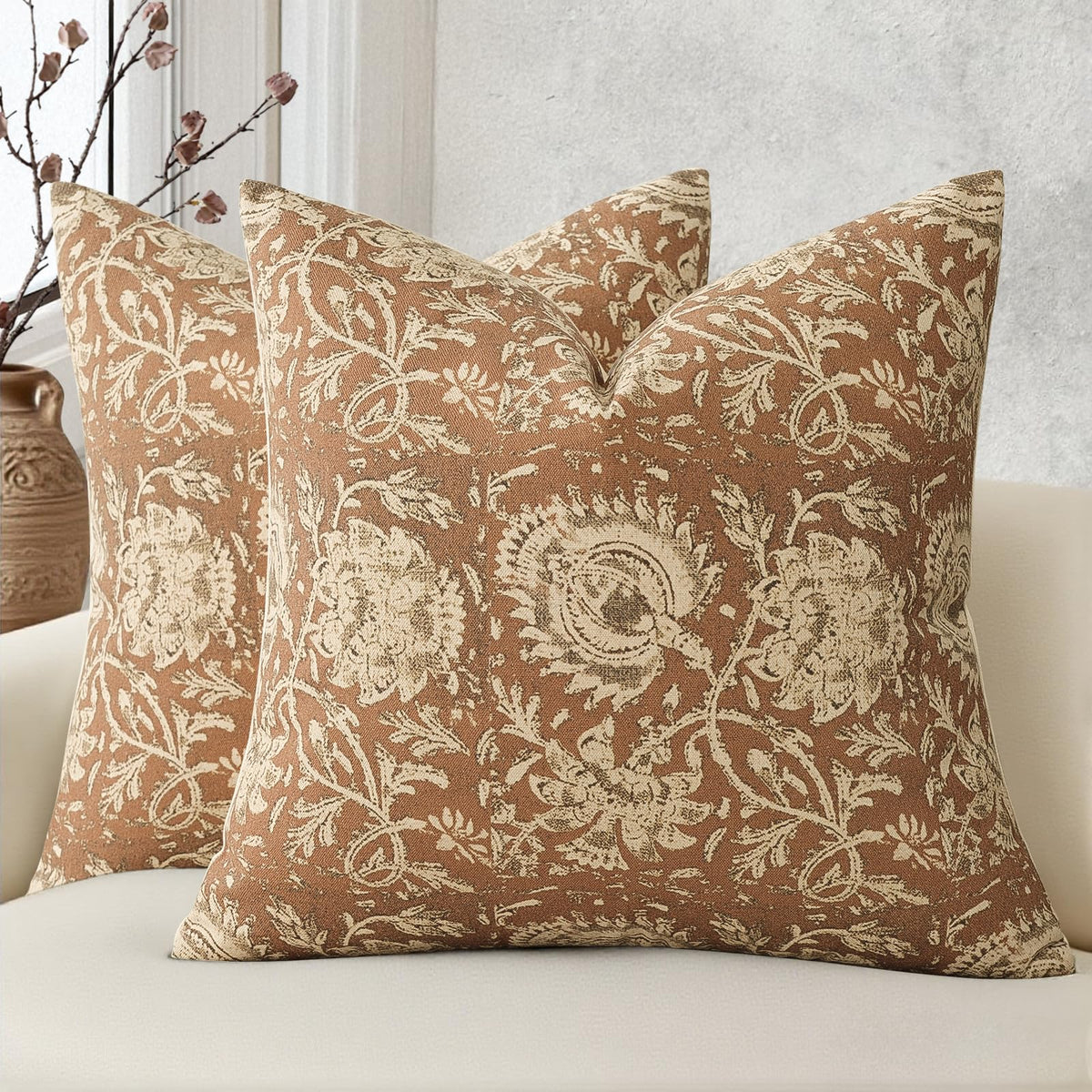 Vintage Floral Print Throw Pillow Covers 20x20 Set of 2 Neutral Modern Farmhouse Pillowcase Accent Decorative Cushion Covers Boho Home Decor for Couch Sofa Chair Bed Living Room, Olive Green