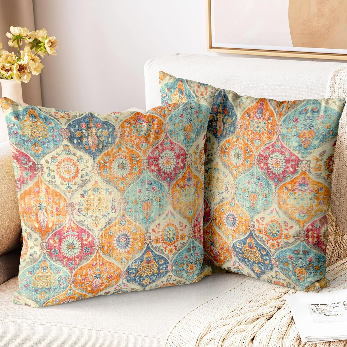 Boho Throw Pillow Covers 18x18 inch Set of 2,Soft Pillowcases Bohemia Carpet Printing Pattern Decorative Sofa Living Room Bed Square Pillow Case Cushion Cover-Cream Color