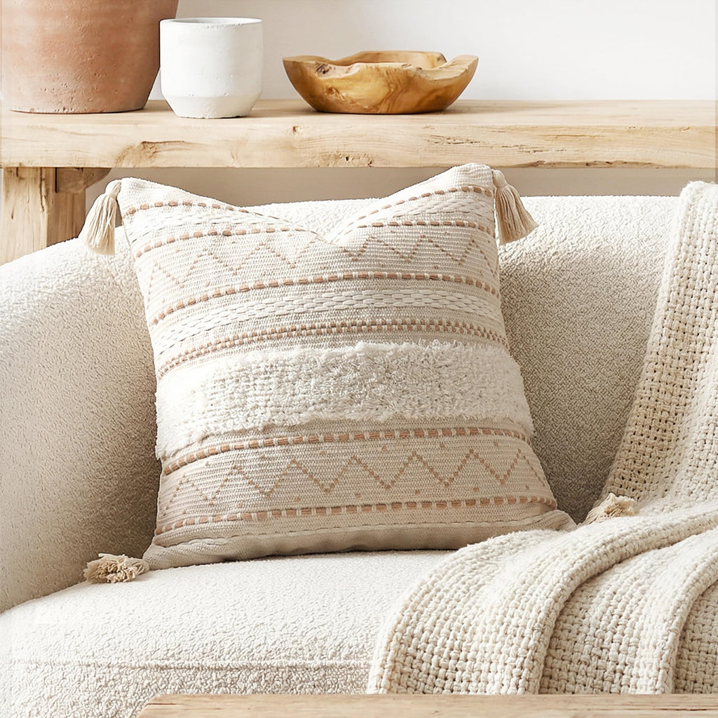 BlissBlush 14x36 Lumbar Pillow Cover for Bed, Rectangular Long Decorative Throw Pillowcase, Boho Accent Cushion with Tufted Pattern and Tassels, Cream Beige Neutral (Cover Only)