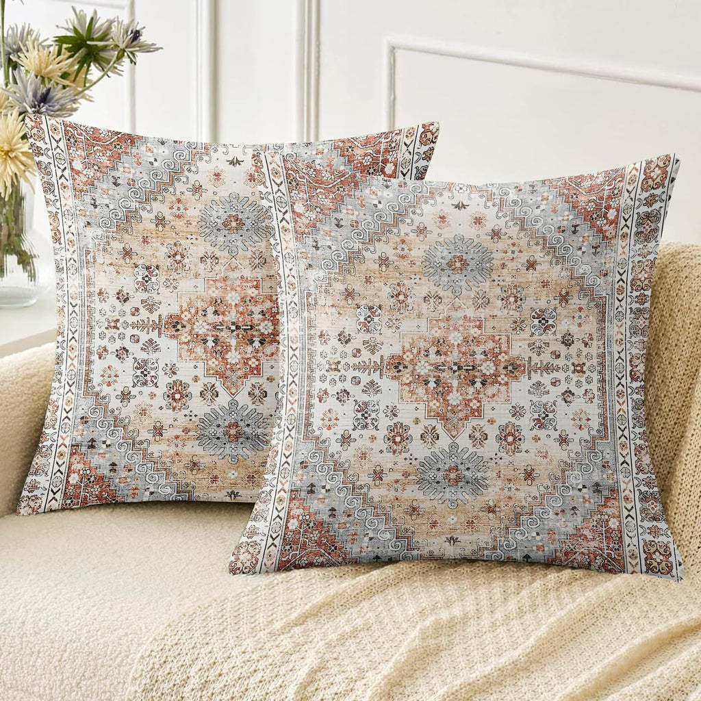 Boho Throw Pillow Covers 18x18 inch Set of 2,Soft Pillowcases Bohemia Carpet Printing Pattern Decorative Sofa Living Room Bed Square Pillow Case Cushion Cover-Cream Color