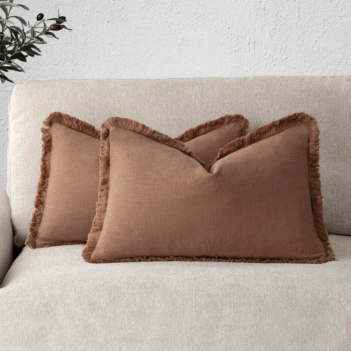 Foindtower Decorative Linen Fringe Throw Pillow Covers 20×20 Inch,Beige