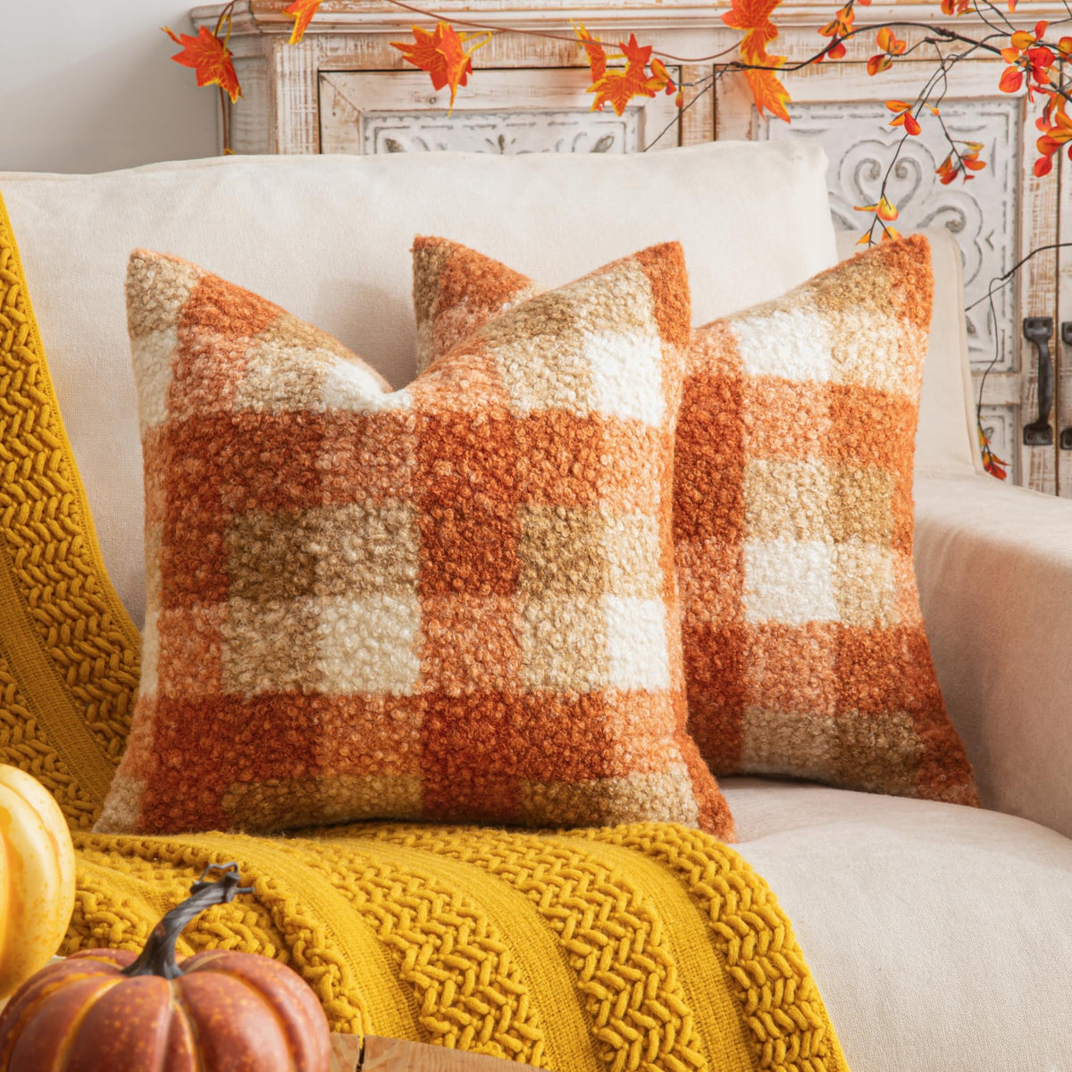 AQOTHES Plaid Fall Throw Pillow Covers Orange 18x18 Inch Set of 2
