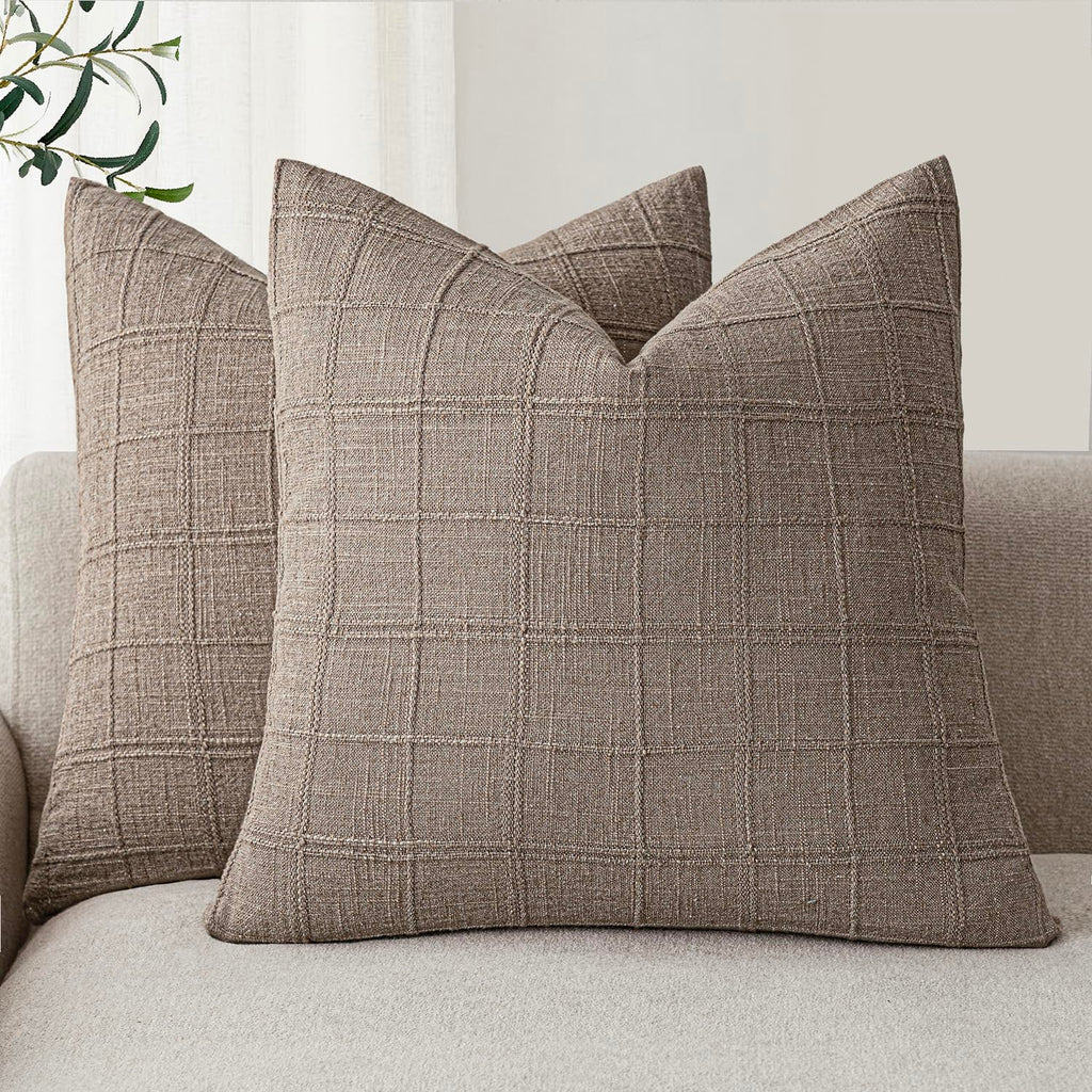 Foindtower Boho Linen Check Decorative Throw Pillow Cover 20×20 Olive Green