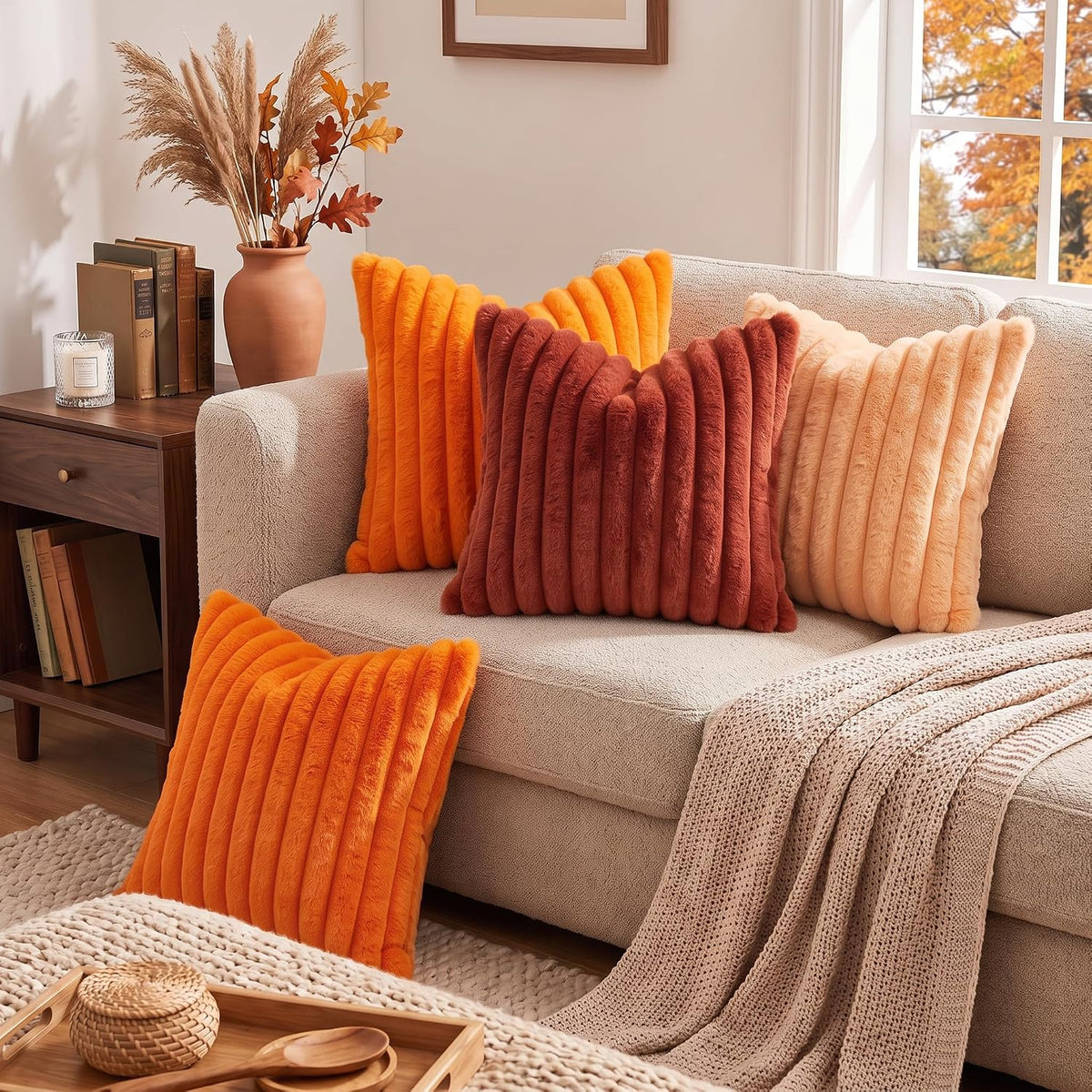 decorUhome Fall Faux Fur Throw Pillow Covers 18x18 Set of 2 Rust
