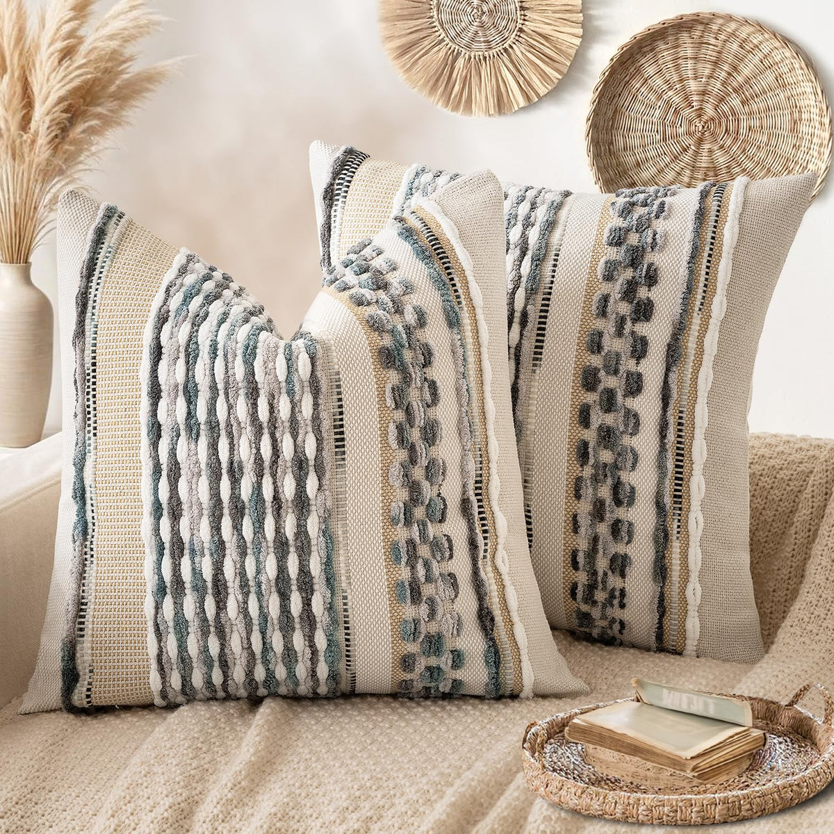 ANRODUO Boho Decorative Pillow Covers Olive Green Stripe 18x18 Pack of 2