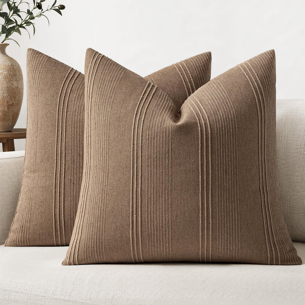 MIULEE Decorative Striped Throw Pillow Covers 20x20 Inch Beige 2 Pack