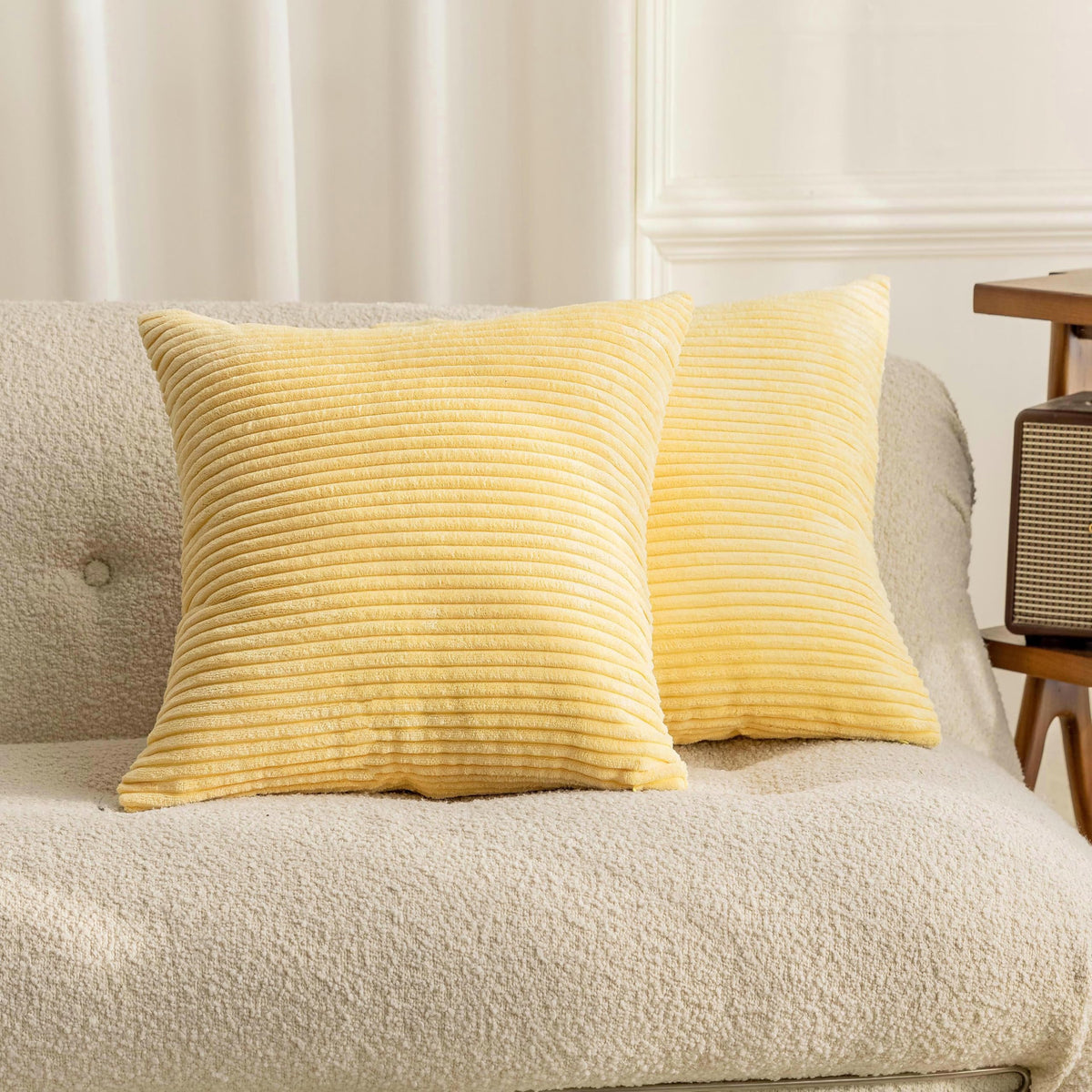 Home Brilliant Yellow Pillow Covers Summer Decorative Set of 2 Striped Corduroy Plush Velvet Throw Pillow Covers for Couch Decor, 18x18 inch, Light Yellow