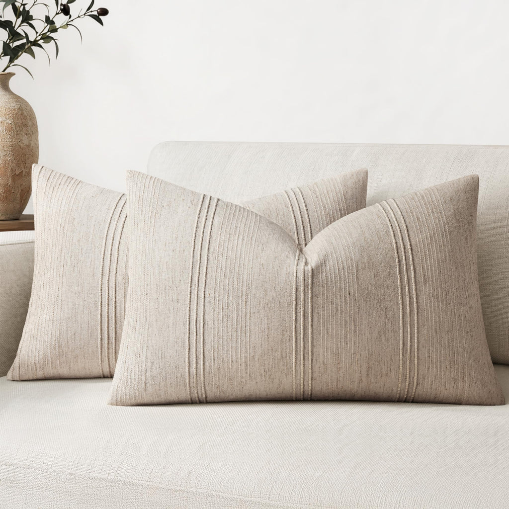 MIULEE Decorative Striped Throw Pillow Covers 20x20 Inch Beige 2 Pack