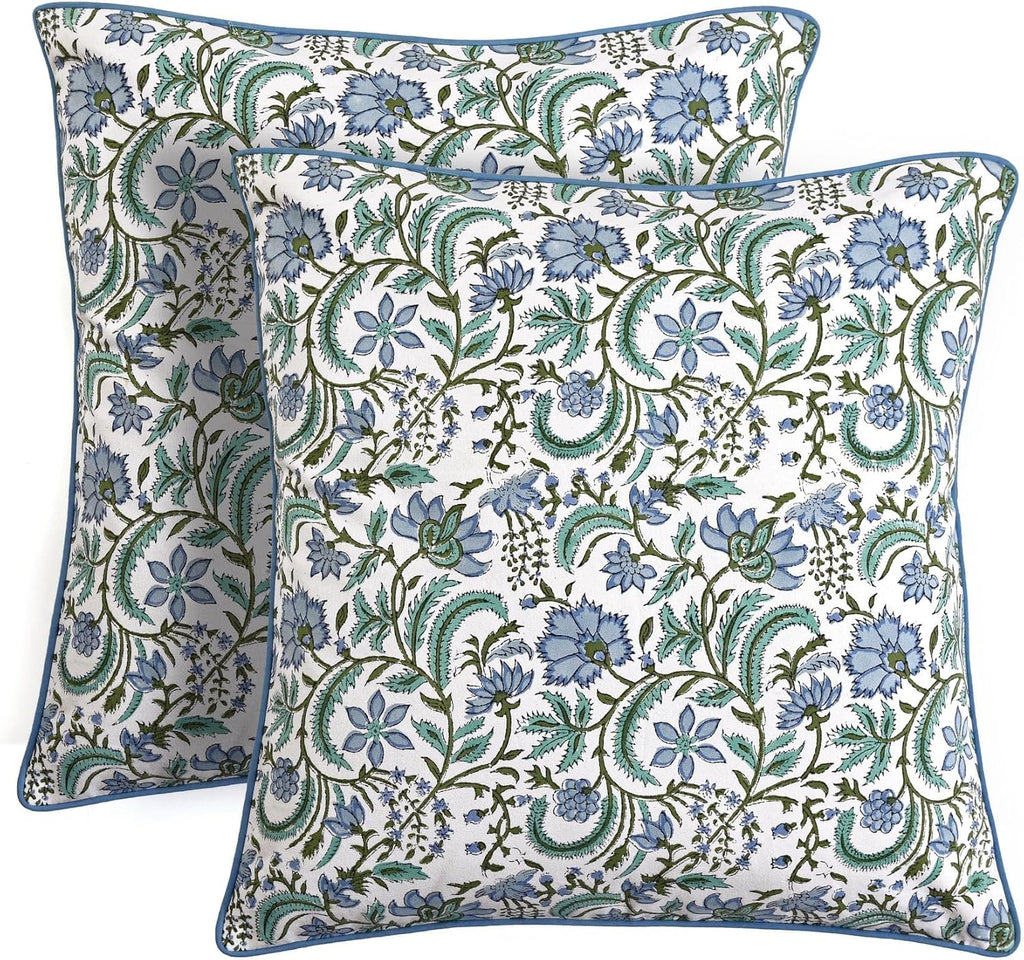 Ridhi Block Print Columbia Blue Pillow Cover 18" x 18" (Pack of 2) Decorative Couch Pillows for Living Room, Chic Boho Cute Outdoor Pillows Covers Gifts for Spring, Easter and Valentine