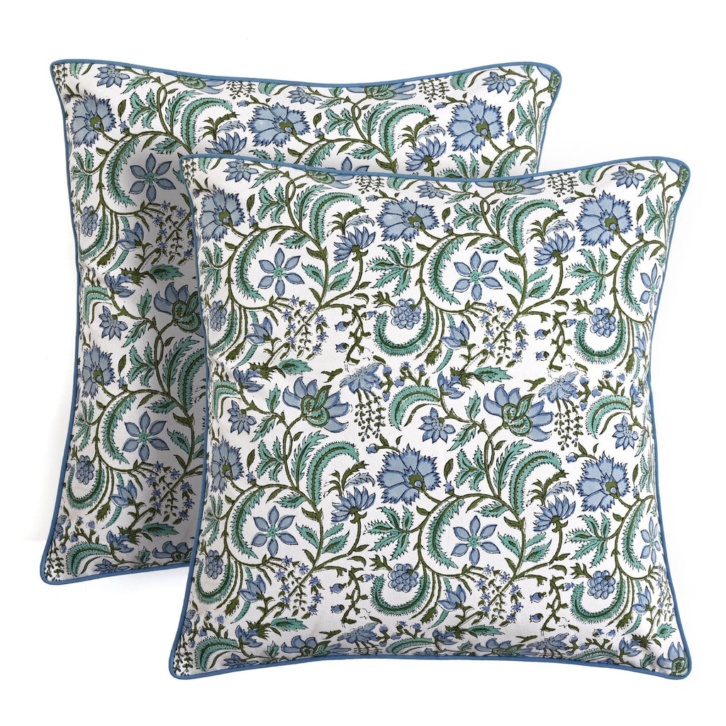 Ridhi Block Print Columbia Blue Pillow Cover 18" x 18" (Pack of 2) Decorative Couch Pillows for Living Room, Chic Boho Cute Outdoor Pillows Covers Gifts for Spring, Easter and Valentine