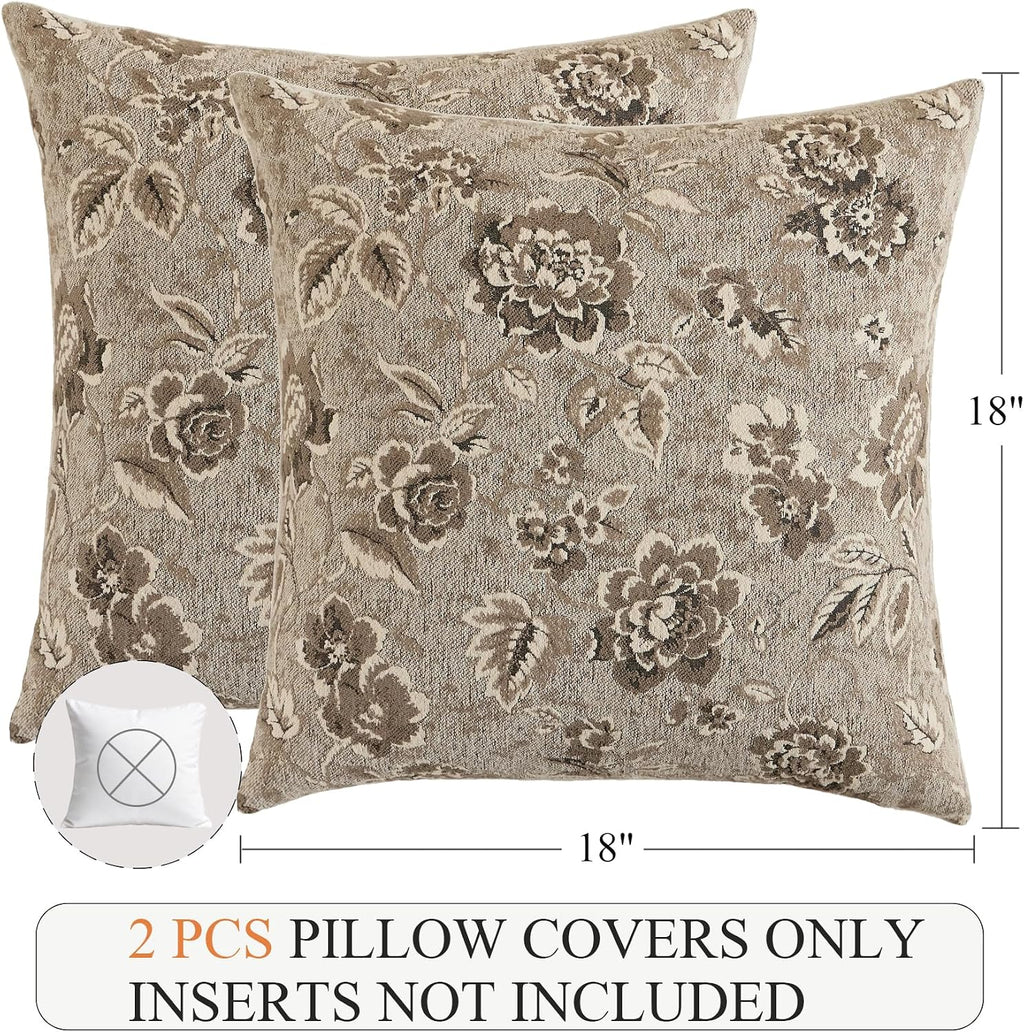 Vintage Floral Chenille Throw Pillow Covers 18x18 Set of 2