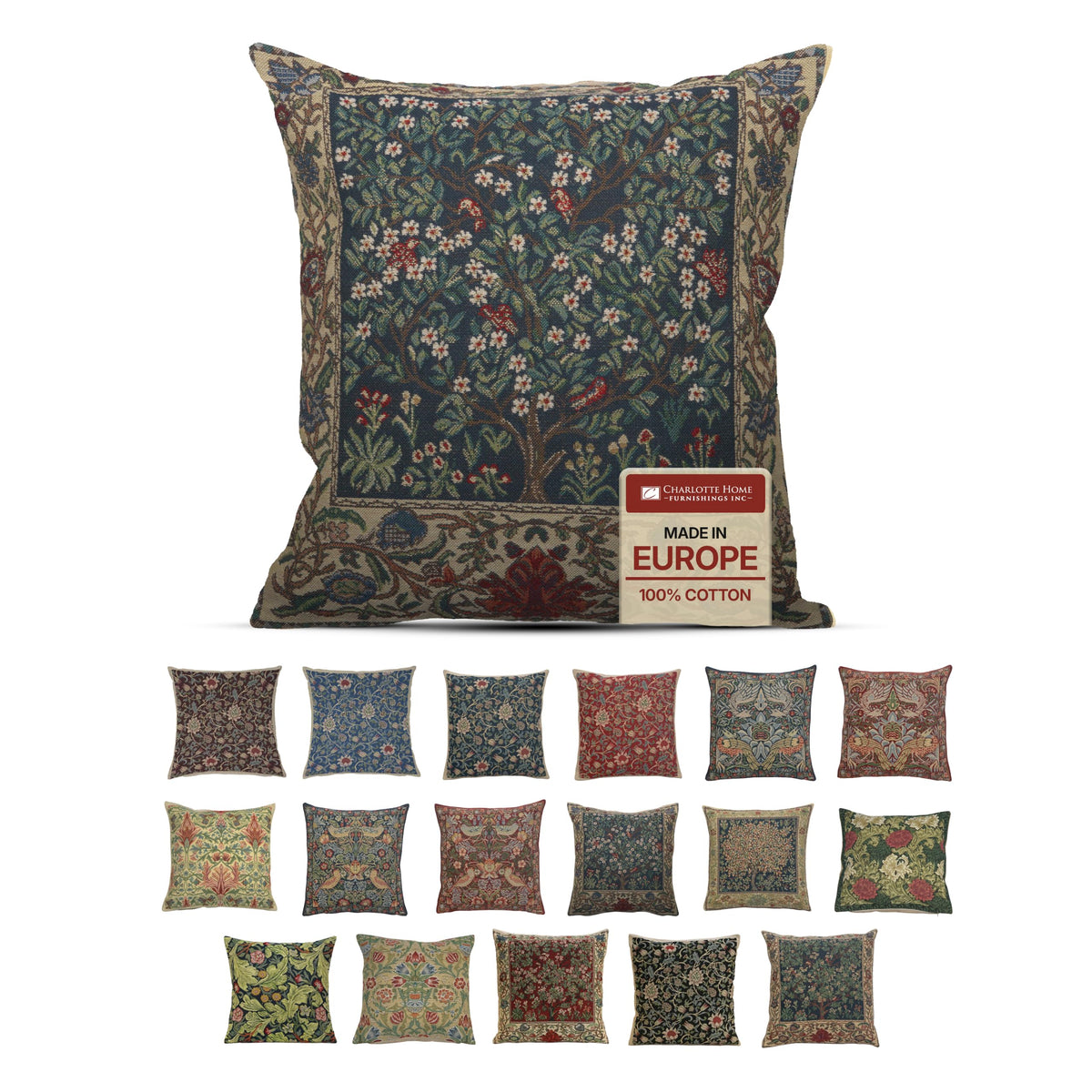 William Morris Fleurs de Morris Red Tapestry Throw Pillow Cover 16 x 16 in