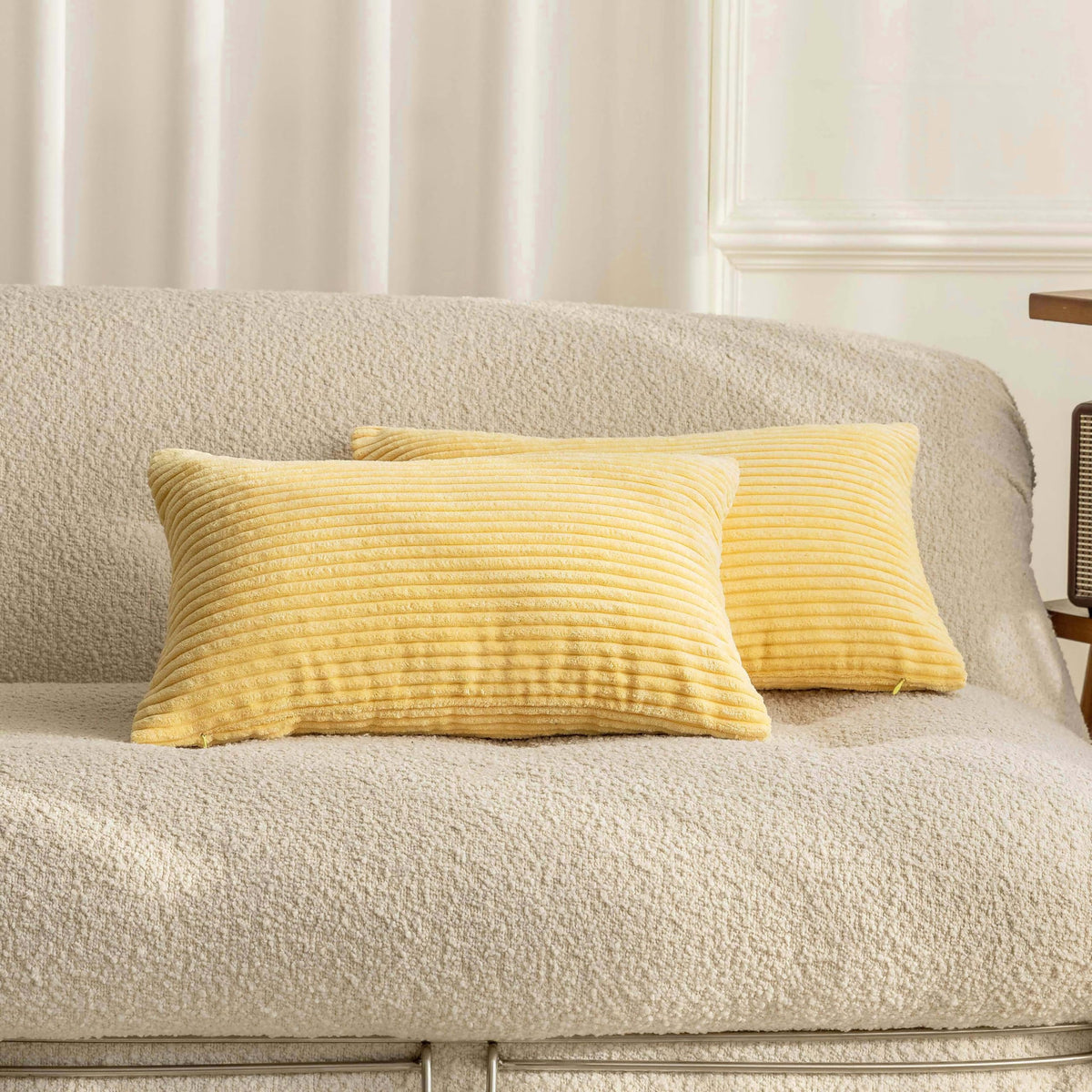 Home Brilliant Yellow Pillow Covers Summer Decorative Set of 2 Striped Corduroy Plush Velvet Throw Pillow Covers for Couch Decor, 18x18 inch, Light Yellow