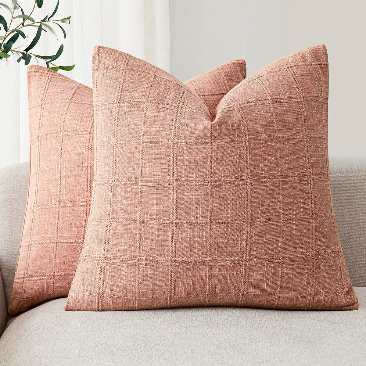 Foindtower Boho Linen Check Decorative Throw Pillow Cover 20×20 Olive Green