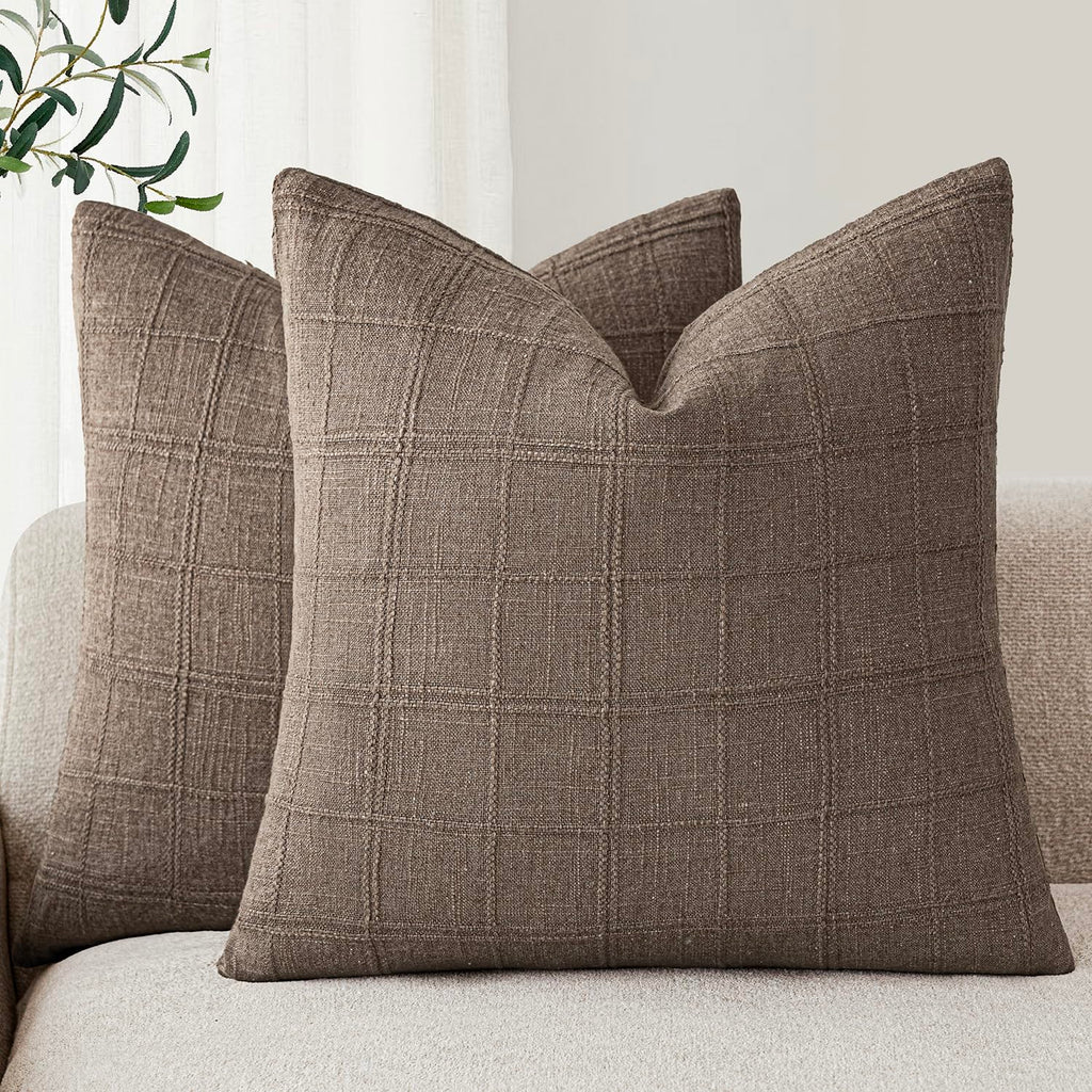 Foindtower Boho Linen Check Decorative Throw Pillow Cover 20×20 Olive Green