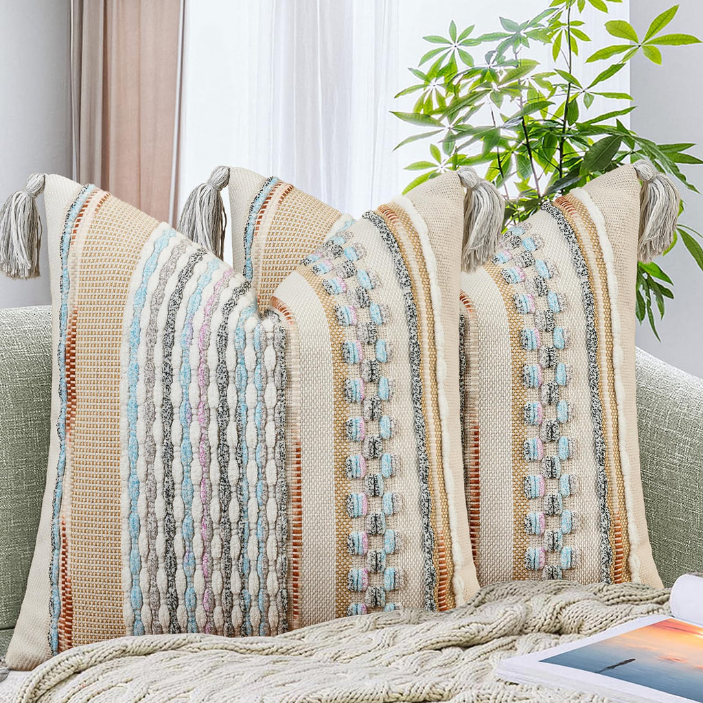 AmHoo Set of 2 Chenille Striped Textured Boho Throw Pillow Covers Aesthetic with Tassels Woven Decorative Pillow Case for Couch Bed Sofa Bedroom Modern Funky 18 x 18-Inch Brown