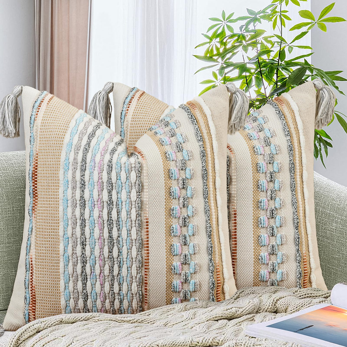AmHoo Set of 2 Chenille Striped Textured Boho Throw Pillow Covers Aesthetic with Tassels Woven Decorative Pillow Case for Couch Bed Sofa Bedroom Modern Funky 18 x 18-Inch Brown