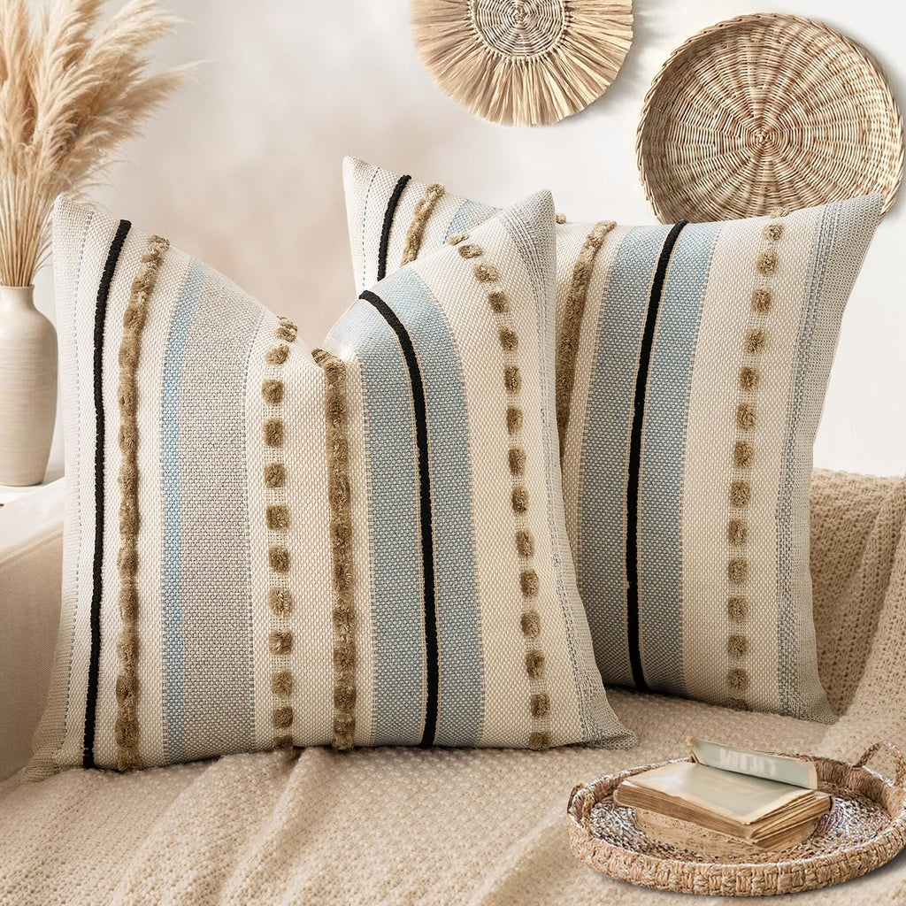 ANRODUO Boho Decorative Pillow Covers Olive Green Stripe 18x18 Pack of 2