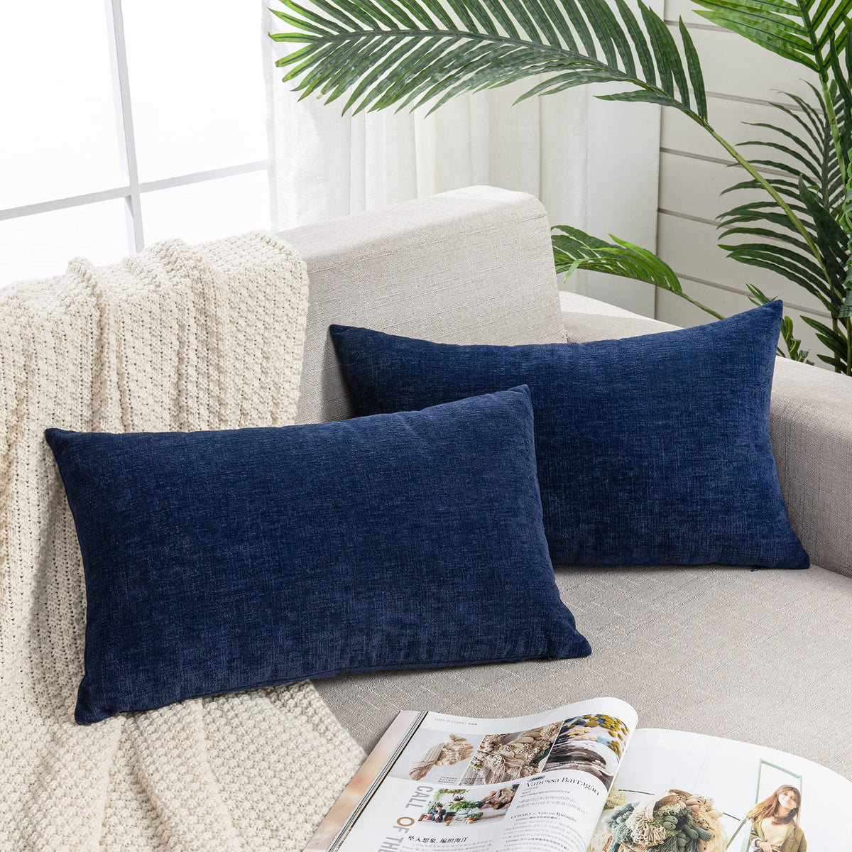 GAWAMAY Decorative Square Throw Pillow Covers 18"x18" Inch Set of 2, Super Soft Chenille Pillows Cover Fall Pillowcase for Living Room Bedroom Sofa Couch Cushion Cover Navy Blue 45x45cm (Only Covers)