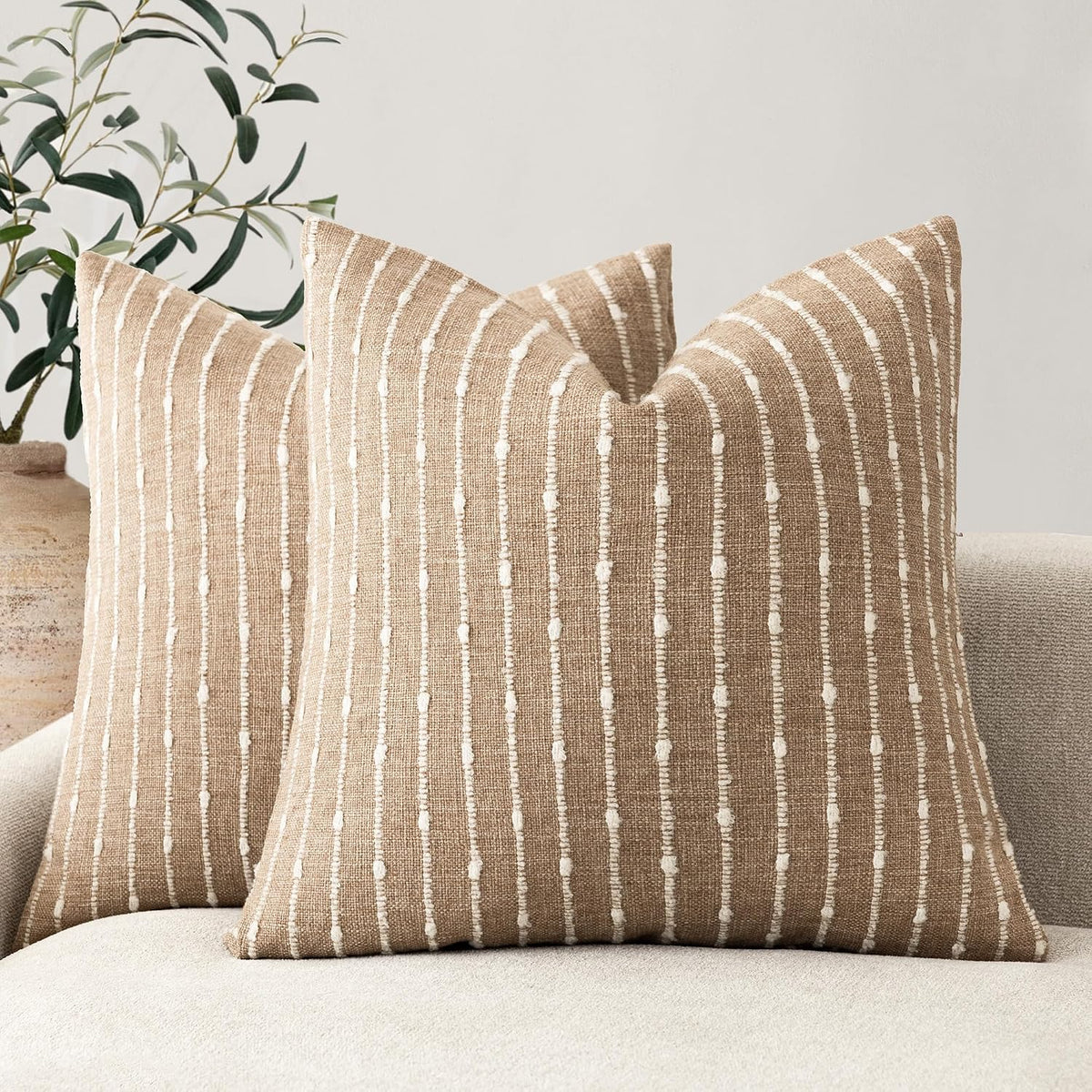 Foindtower Decorative Striped Boucle Throw Pillow Covers 20x20 Inch Camel