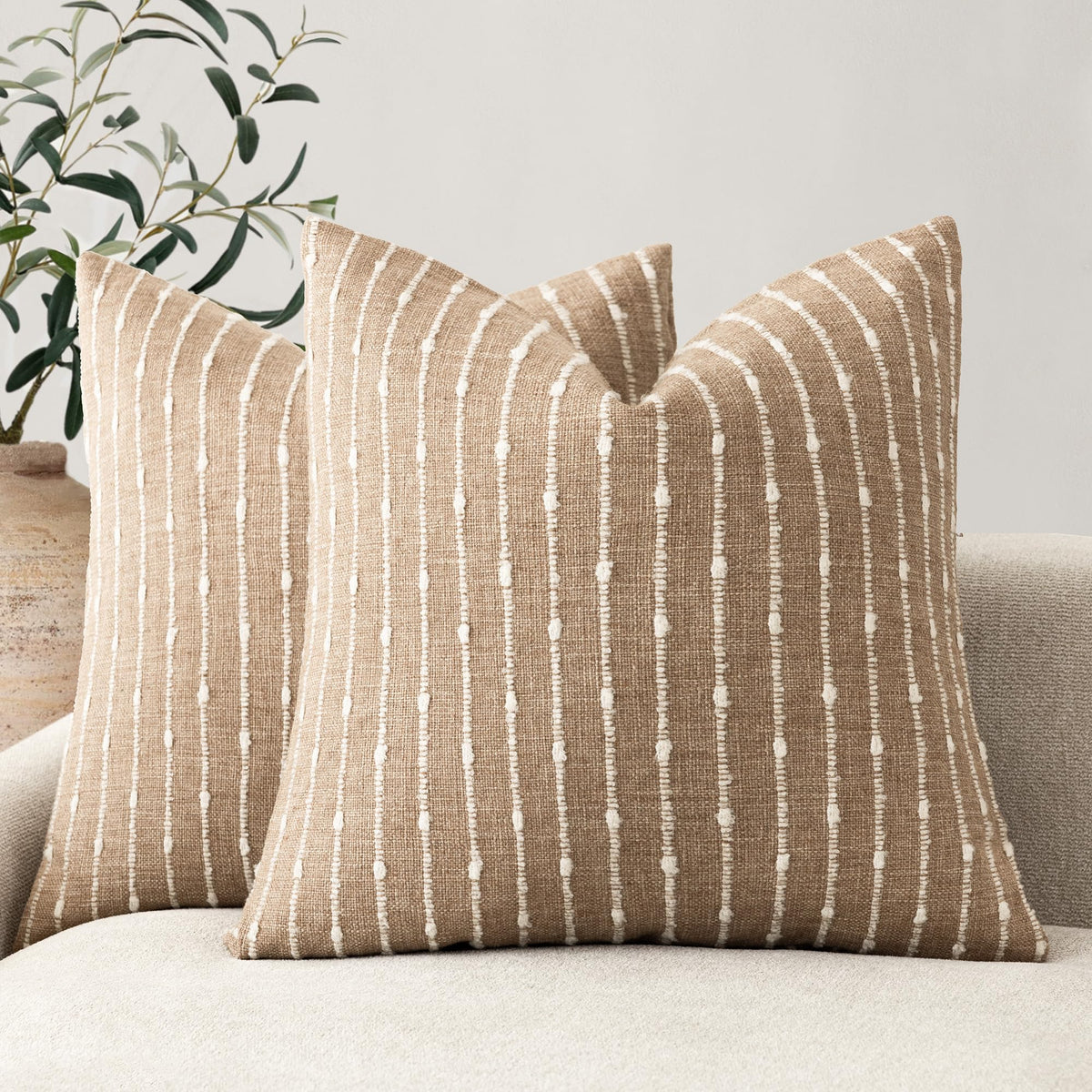 Foindtower Decorative Striped Boucle Throw Pillow Covers 20x20 Inch Camel