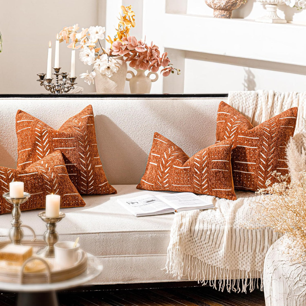 BlissBlush Decorative Lumbar Throw Pillow Covers 12X20 Set of 2, Brick Red Rust Boho Farmhouse Cushion Cover, Soft Accent Pillowcase for Couch Sofa Bed Living Room Home Décor
