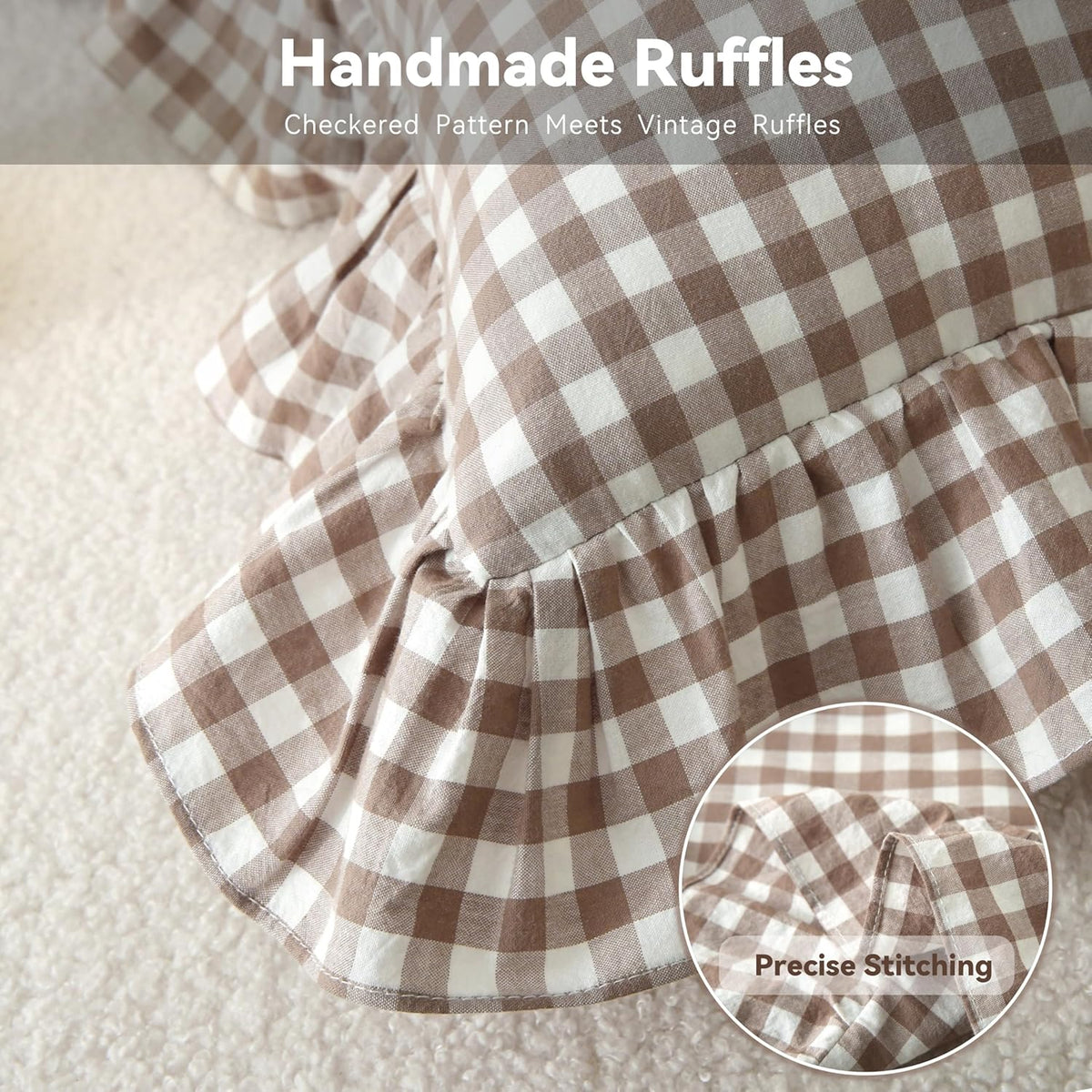 Gingham Throw Pillow Covers 18x18, Warm Taupe/White, Ruffle Trim