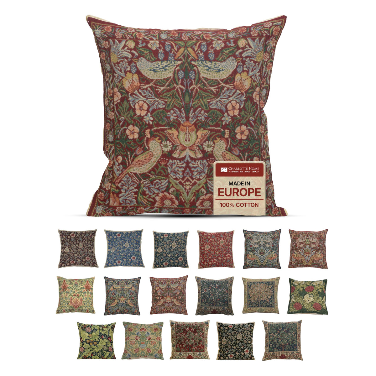William Morris Fleurs de Morris Red Tapestry Throw Pillow Cover 16 x 16 in