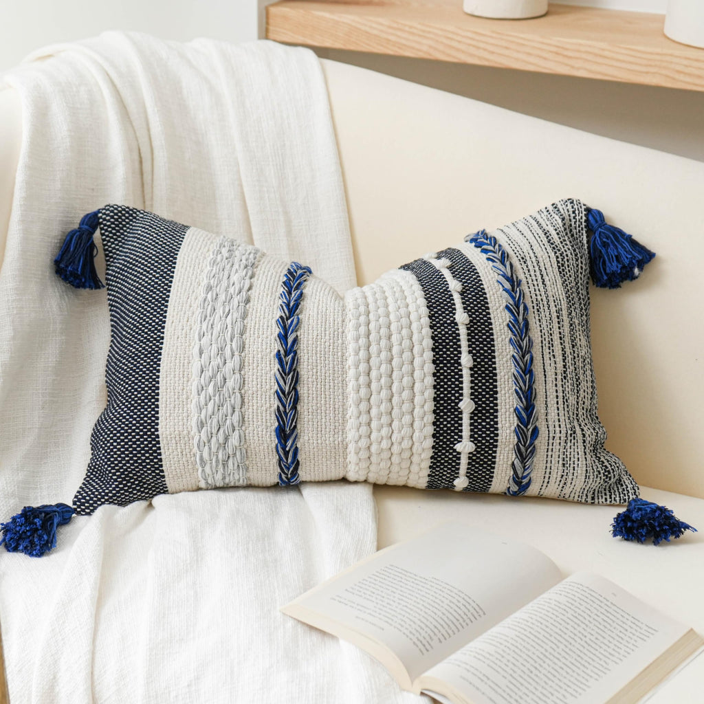 BlissBlush Coastal Blue Decorative Lumbar Pillow Cover 14x36 Boho Long Body Pillow for Bed Farmhouse Lumbar Throw Pillow for Couch Modern Accent Textured Throw Pillowcase