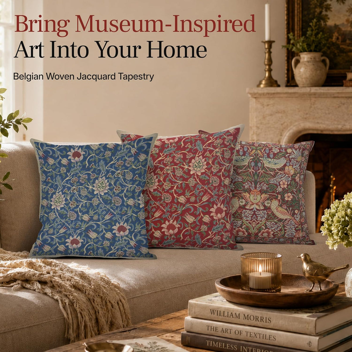 William Morris Fleurs de Morris Red Tapestry Throw Pillow Cover 16 x 16 in