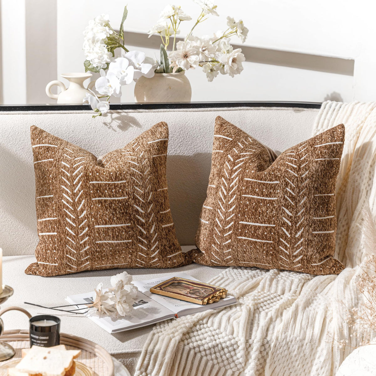 BlissBlush Decorative Lumbar Throw Pillow Covers 12X20 Set of 2, Brick Red Rust Boho Farmhouse Cushion Cover, Soft Accent Pillowcase for Couch Sofa Bed Living Room Home Décor