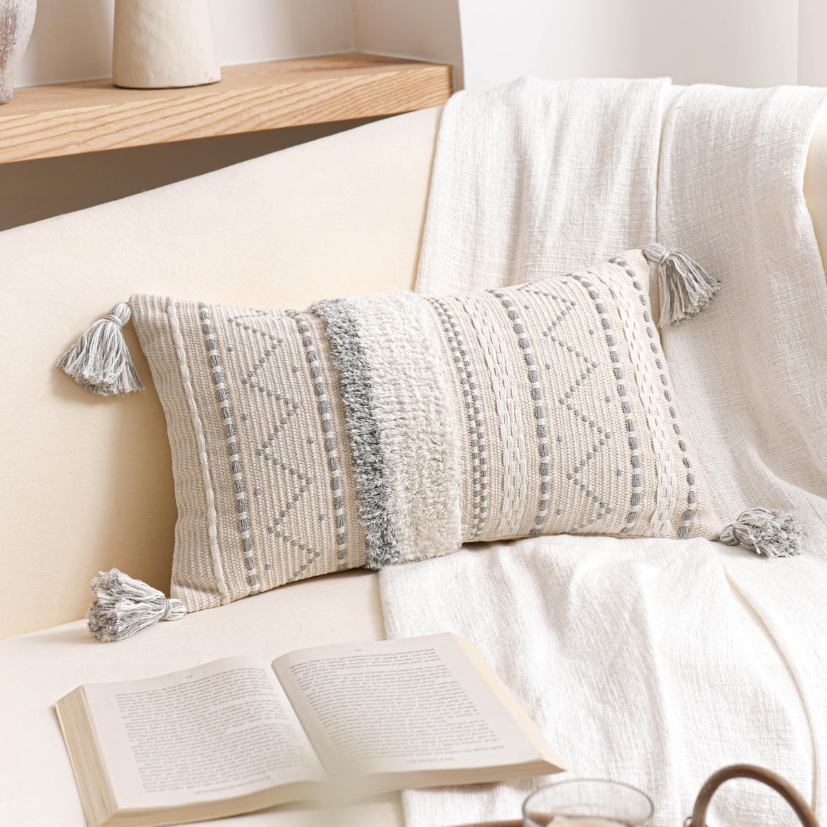 BlissBlush 14x36 Lumbar Pillow Cover for Bed, Rectangular Long Decorative Throw Pillowcase, Boho Accent Cushion with Tufted Pattern and Tassels, Cream Beige Neutral (Cover Only)