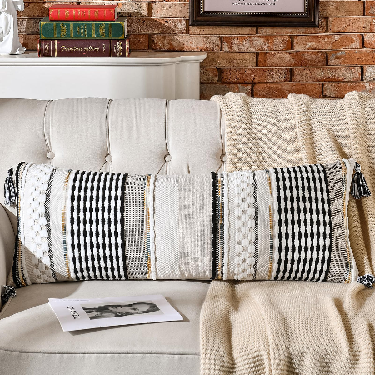 AmHoo Set of 2 Chenille Striped Textured Boho Throw Pillow Covers Aesthetic with Tassels Woven Decorative Pillow Case for Couch Bed Sofa Bedroom Modern Funky 18 x 18-Inch Brown