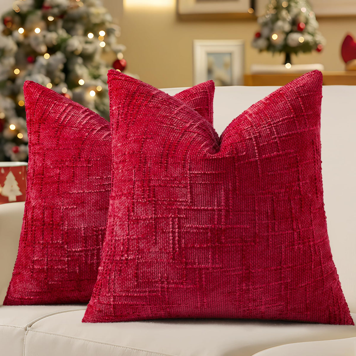 decorUhome Textured Chenille Throw Pillow Covers 18x18 Set of 2 Cream White