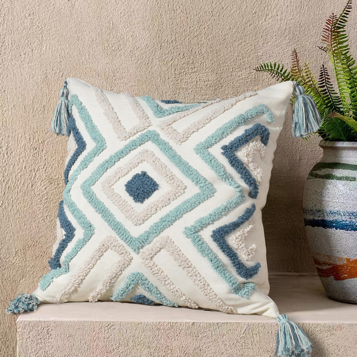 Boho Pillow Covers 18X18 Inch Boho Tufted Throw Pillow Covers Decorative Tassels Cushion Cover Farmhouse Pillow Case for Couch Sofa Bed Living Room Bedroom, Green