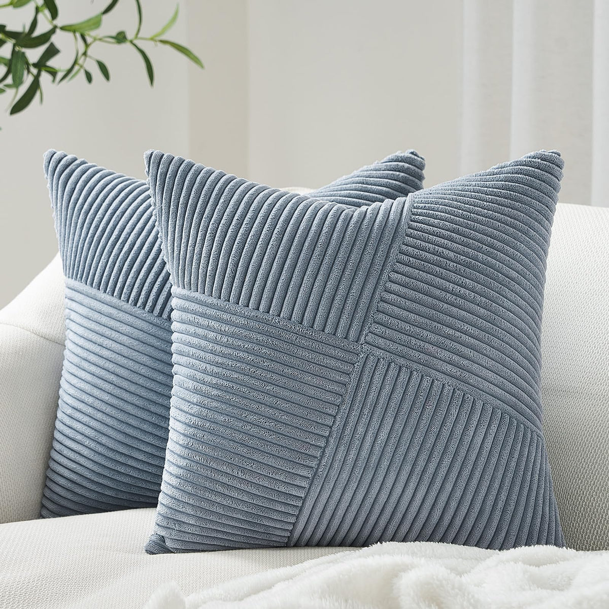 Topfinel Olive Green Decorative Throw Pillow Covers Set of 2 18x18 Inches for Couch Bed Sofa, Boho Aesthetic Home Decor, Soft Corduroy Striped Patchwork Windmill Textured Cushion Cases 45x45 cm
